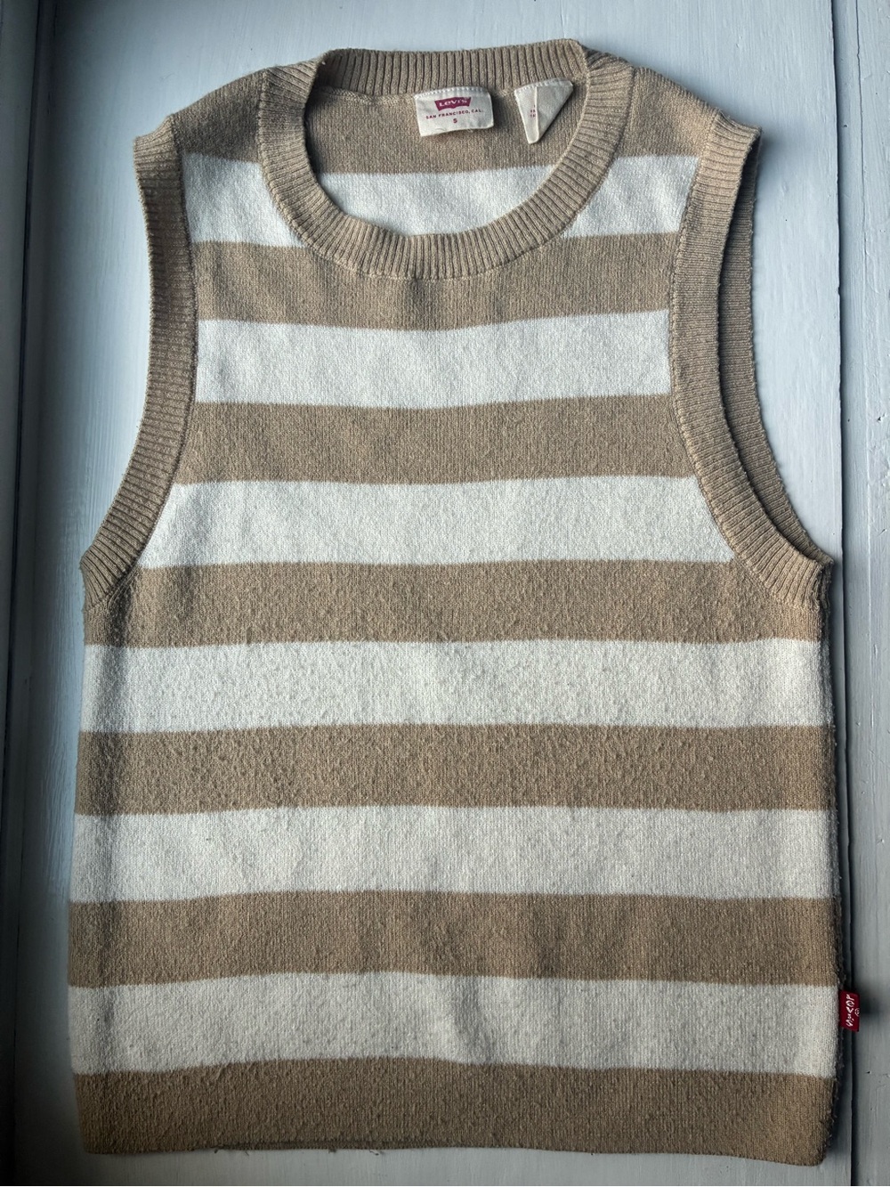 Levi's Beige and White Striped Crewneck Sweater Vest